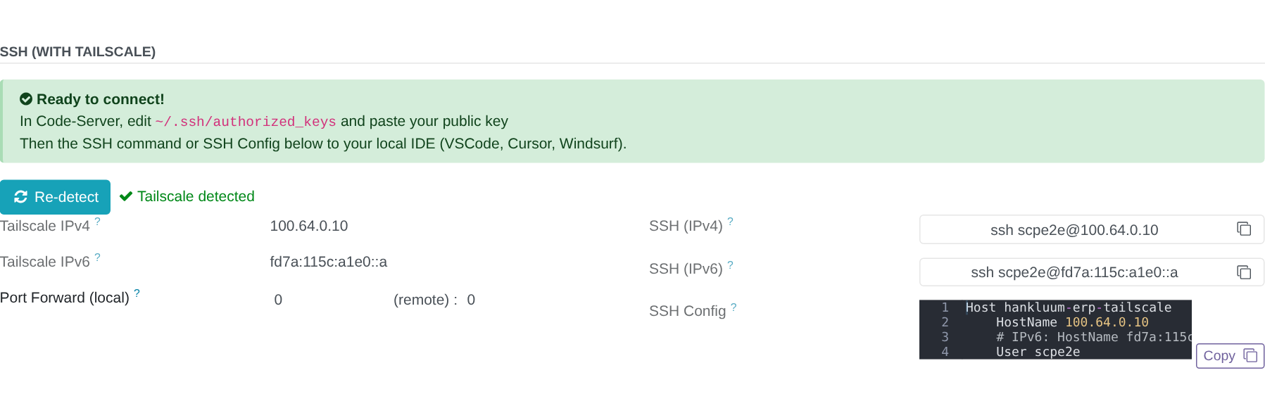 The Access tab once Tailscale is detected: addresses, SSH commands and SSH config