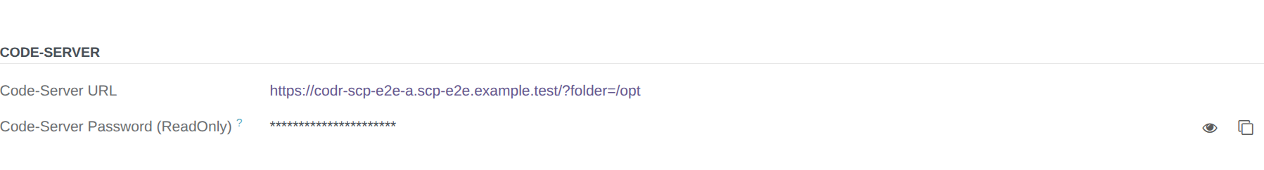 The Code-Server tab: the IDE URL and its masked password