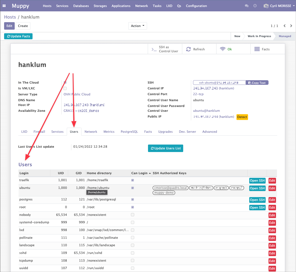 Users tab of the Hosts form