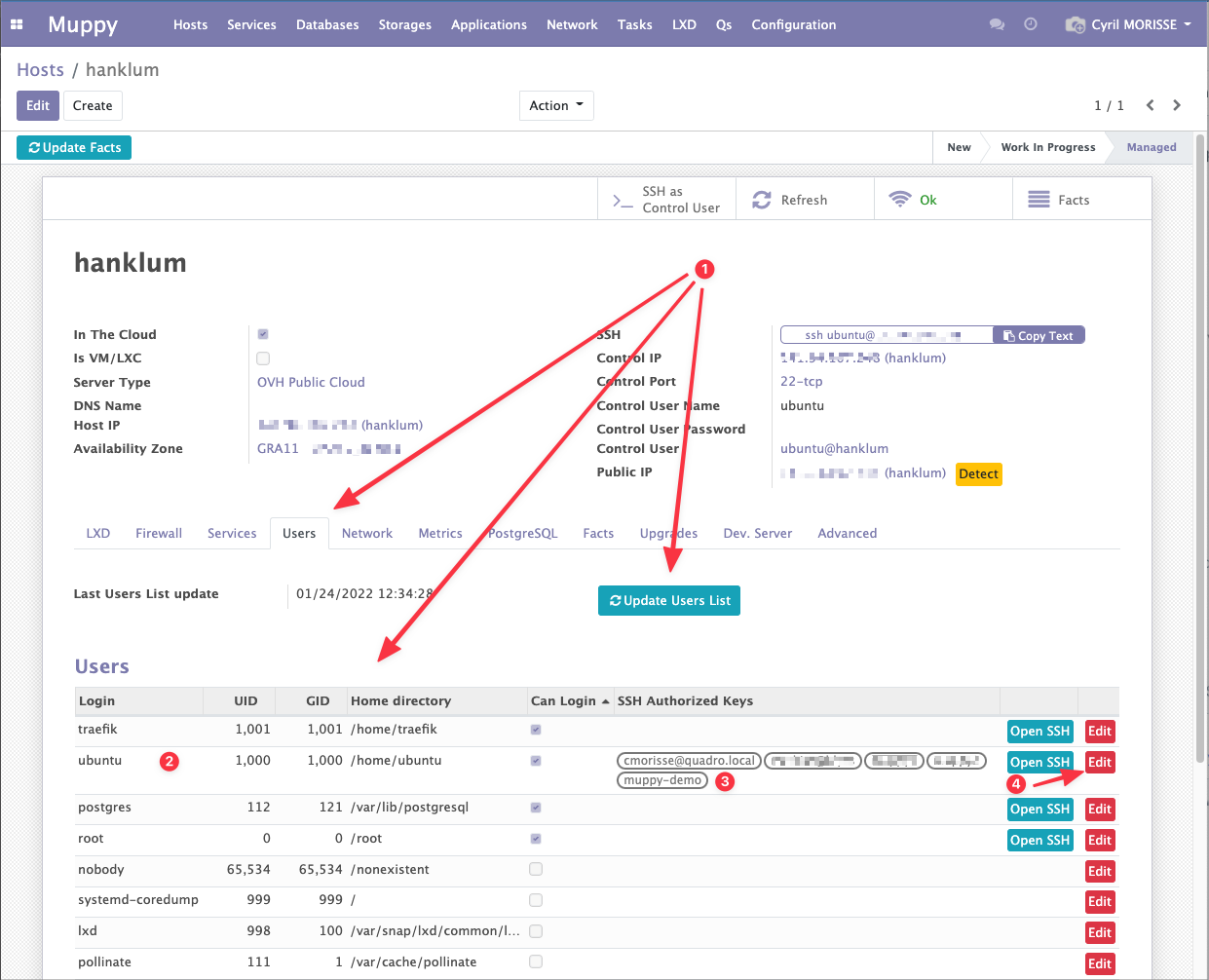 Form view of a Host's users