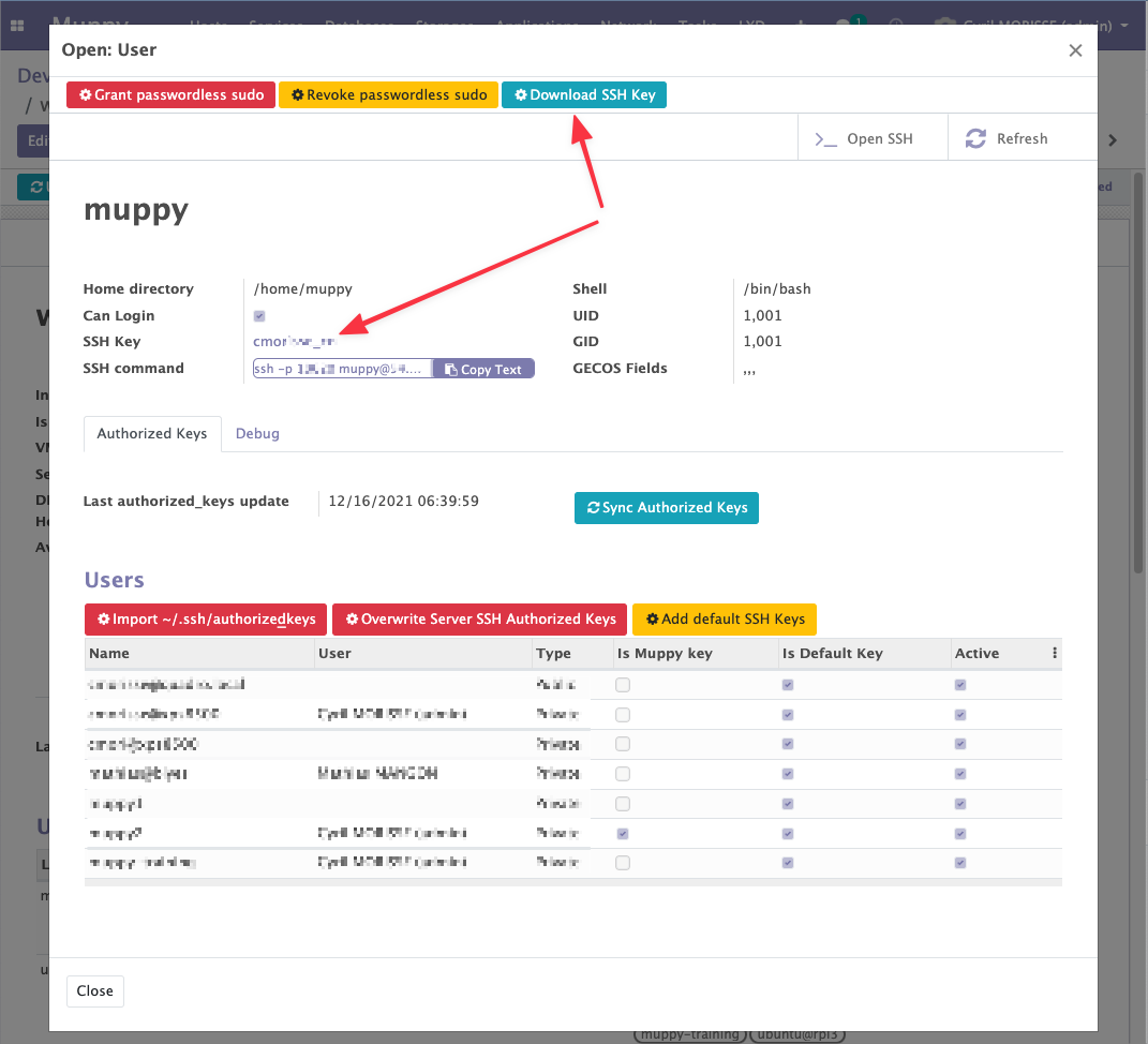 Form of a Muppy Host's User with an SSH key