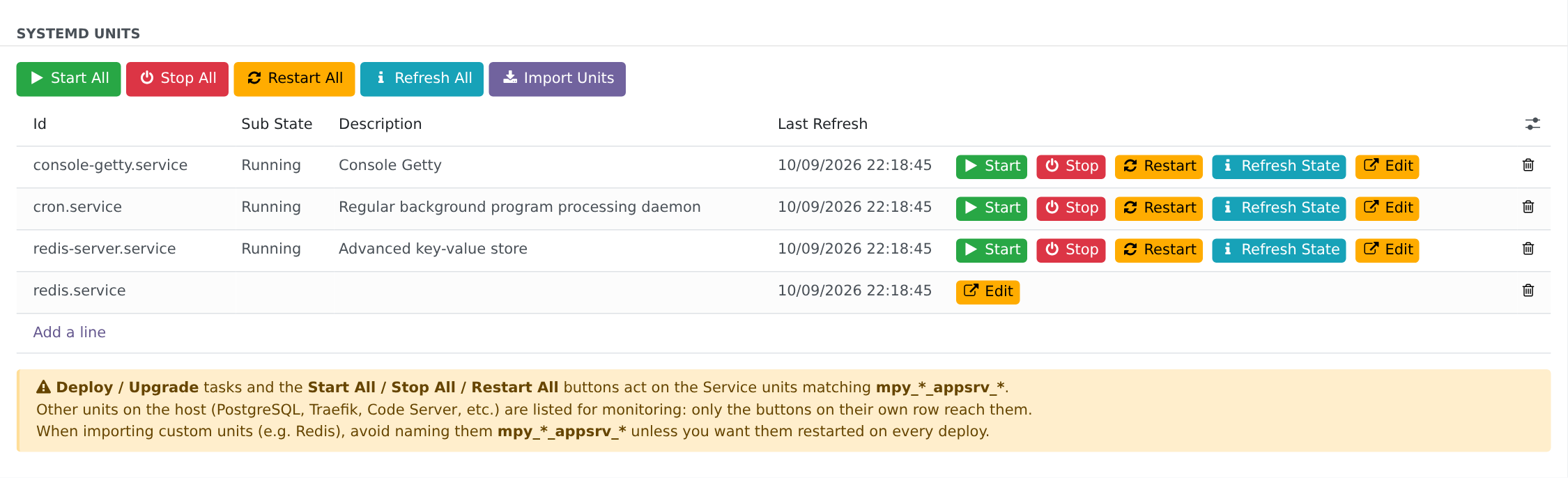 The Import Units button after Refresh All, on the Systemd tab of an App Server, above the units of its Host