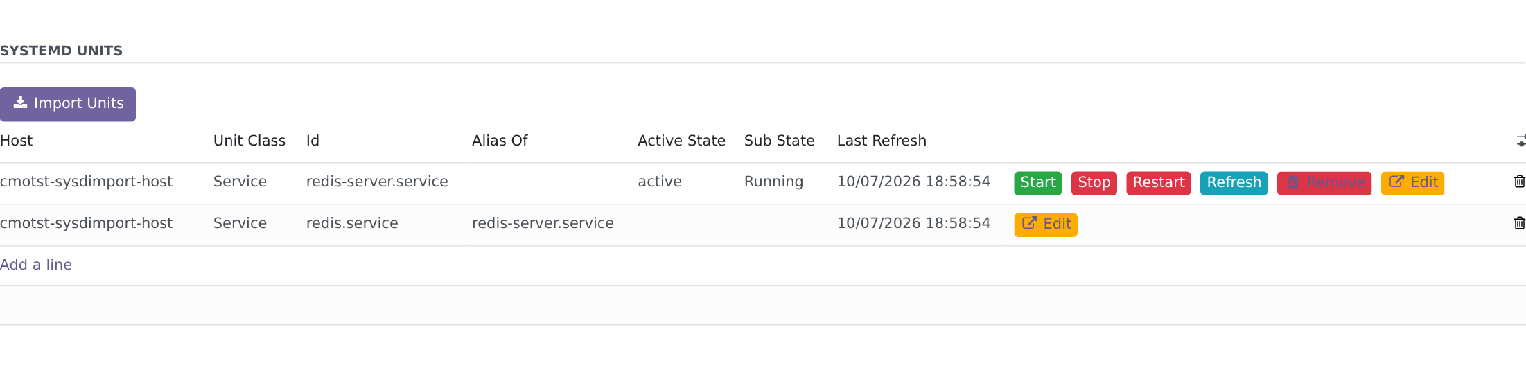 The Import Units button on the Services tab of a Host, above an imported unit and its alias