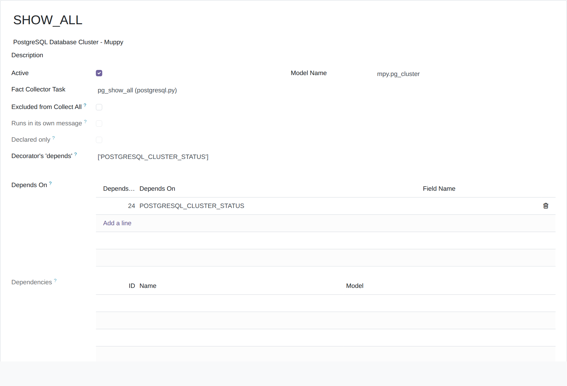The SHOW_ALL Fact Definition: model mpy.pg_cluster, its Fact Collector Task pg_show_all, the three flags, and its dependency on POSTGRESQL_CLUSTER_STATUS