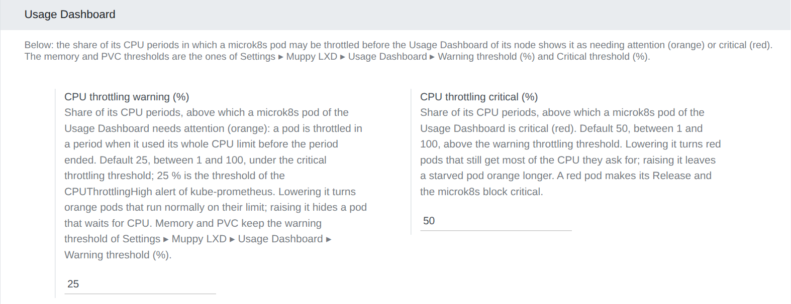 The Usage Dashboard block of the Muppy Kubernetes settings: CPU throttling warning 25 %, CPU throttling critical 50 %