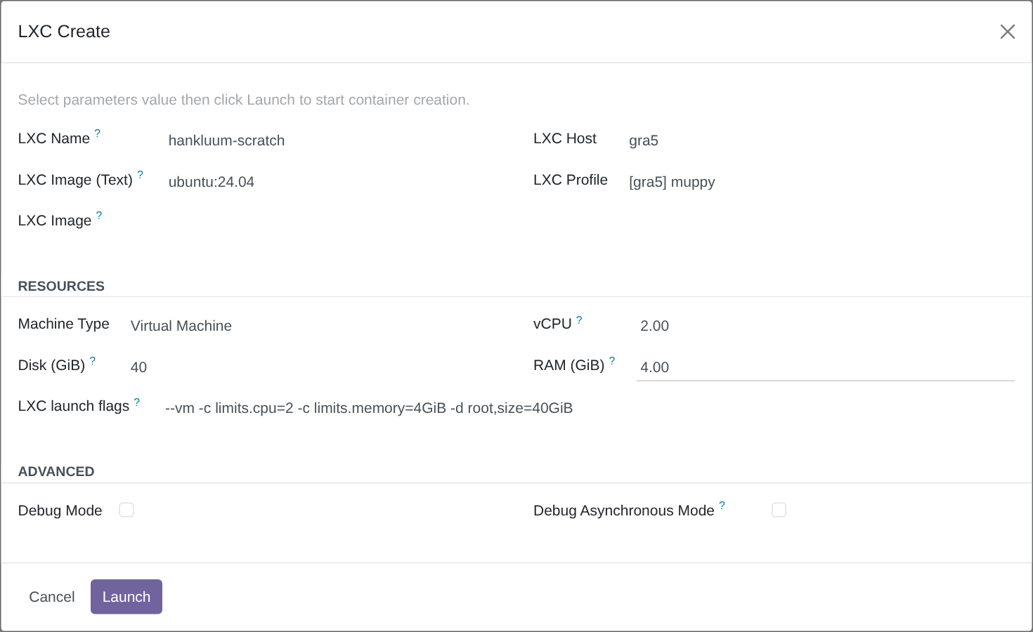 The same wizard set to Virtual Machine: the flags start with --vm and the SSH proxy fields are gone