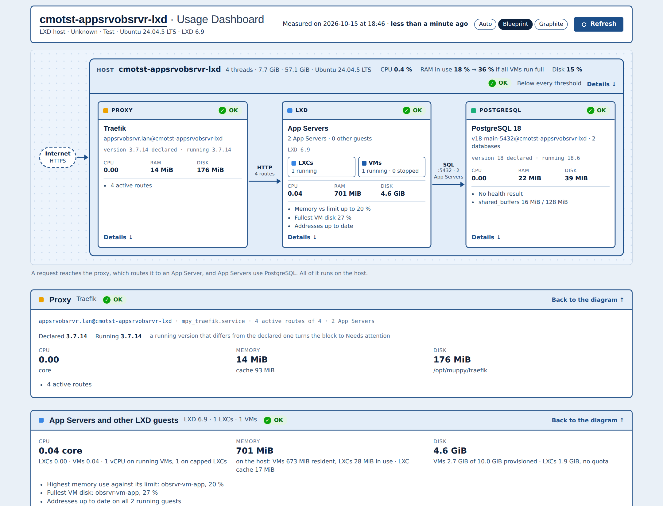 The Usage Dashboard of a test host in the Blueprint theme: the diagram, then the Tunnel, Proxy and guests panels