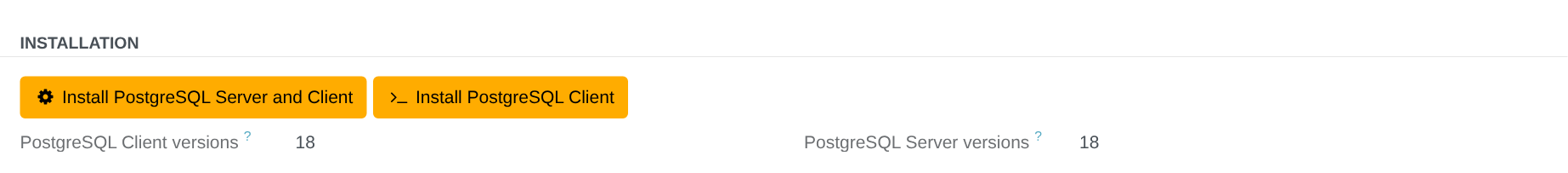 The Installation group of the PostgreSQL tab, with its two install buttons and the installed versions