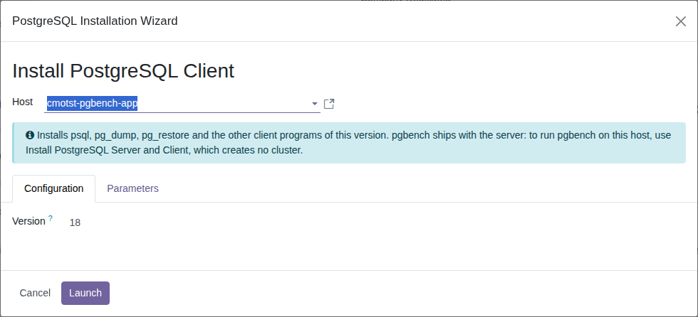 PostgreSQL Installation Wizard opened by Install PostgreSQL Client: the Host, the Version, and a note that pgbench ships with the server