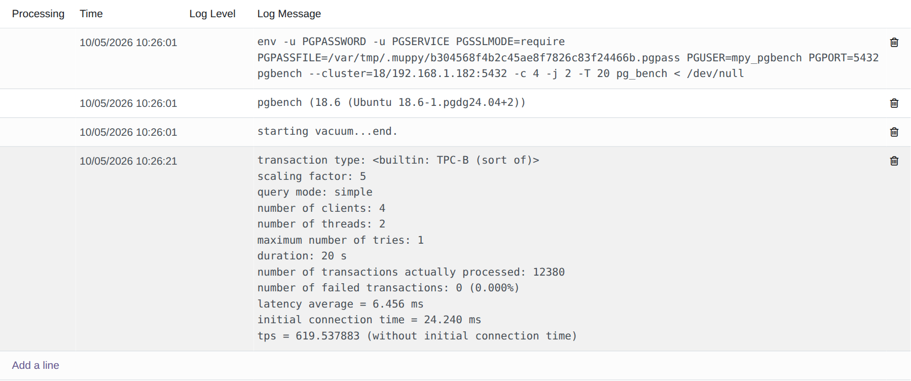 The Log / Debug tab of a remote run's IMQ message: the pgbench command with PGSSLMODE=require, PGPASSFILE and PGUSER=mpy_pgbench, then pgbench's report with tps and latency average