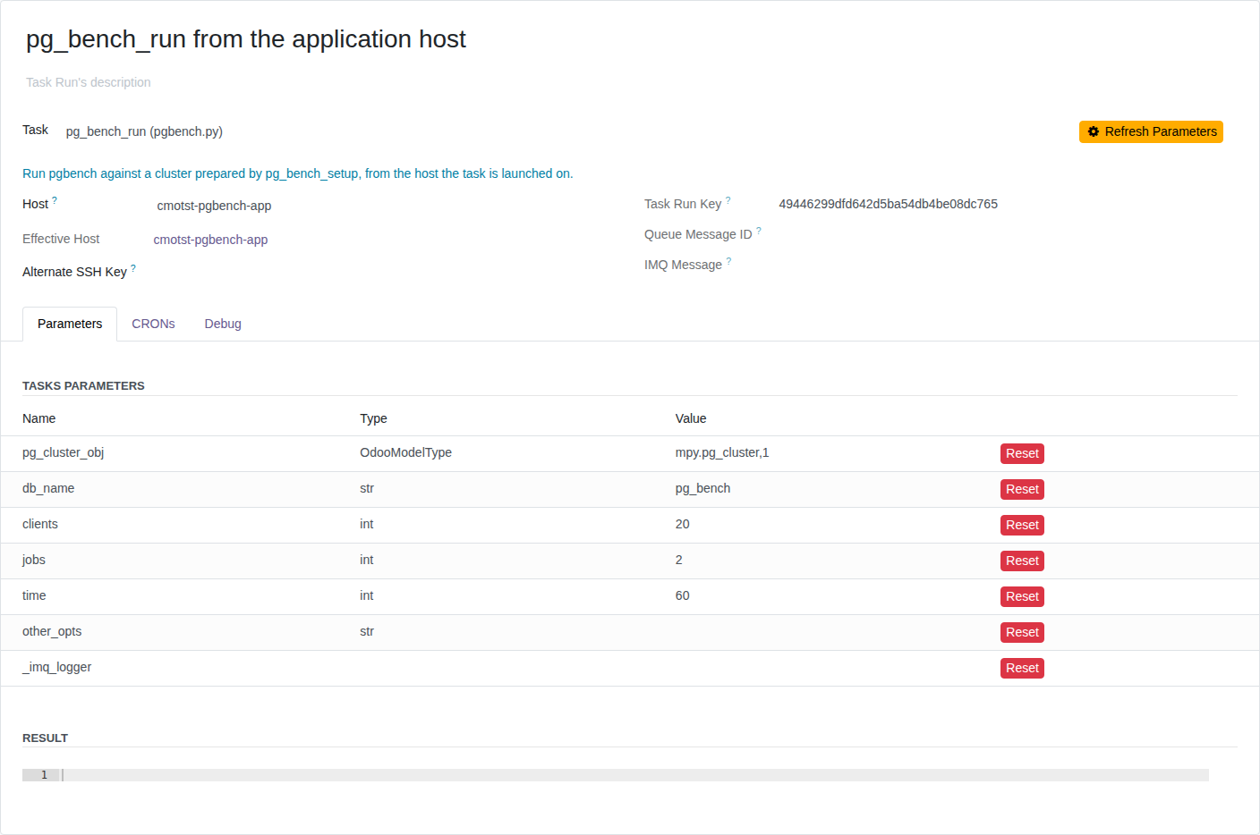 The Task Run of pg_bench_run on the application's host cmotst-pgbench-app: pg_cluster_obj set to the cluster mpy.pg_cluster,1, clients 20, jobs 2, time 60