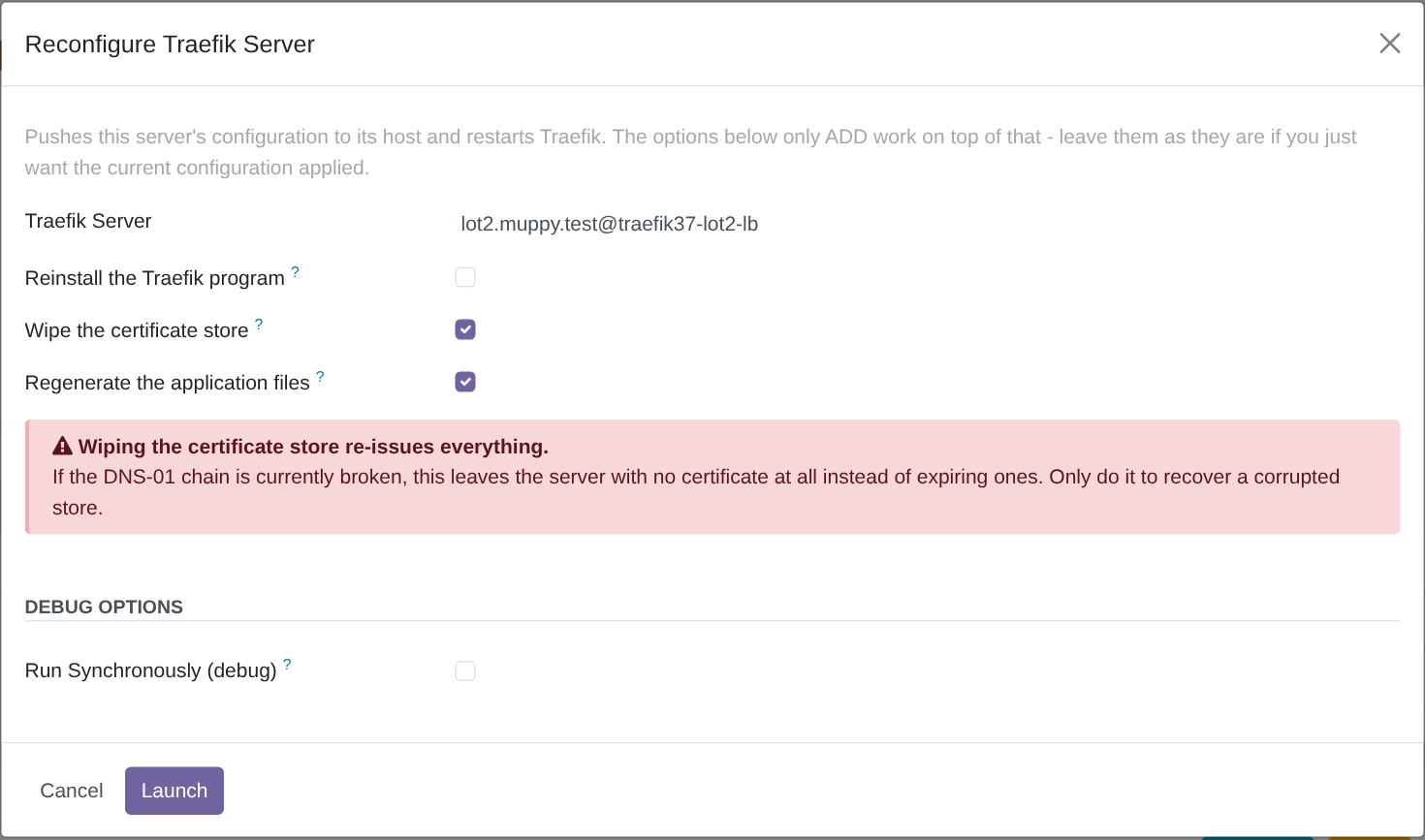 The Reconfigure Traefik Server dialog with Wipe the certificate store ticked: a red alert warns that wiping re-issues every certificate