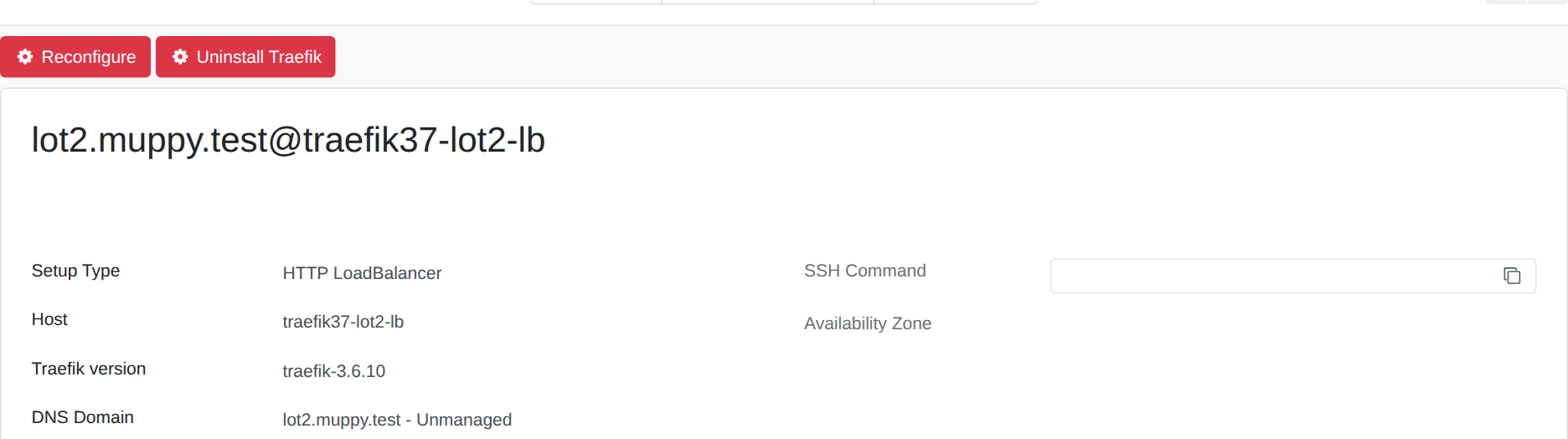 A Traefik Server form: its Traefik version field names the release traefik-3.6.10, under the Reconfigure button