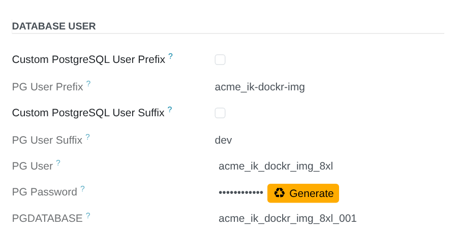 PG User and PGDATABASE built from the code ik-dockr-img, on the App Server's Database tab