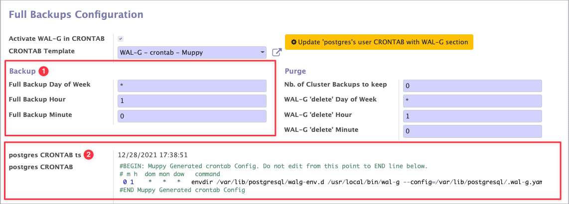 WAL-G full backups via the postgres crontab