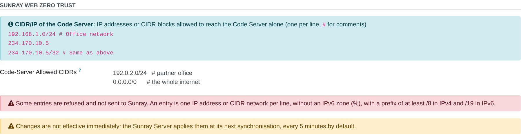The Code-Server tab: the IDE's own CIDR list