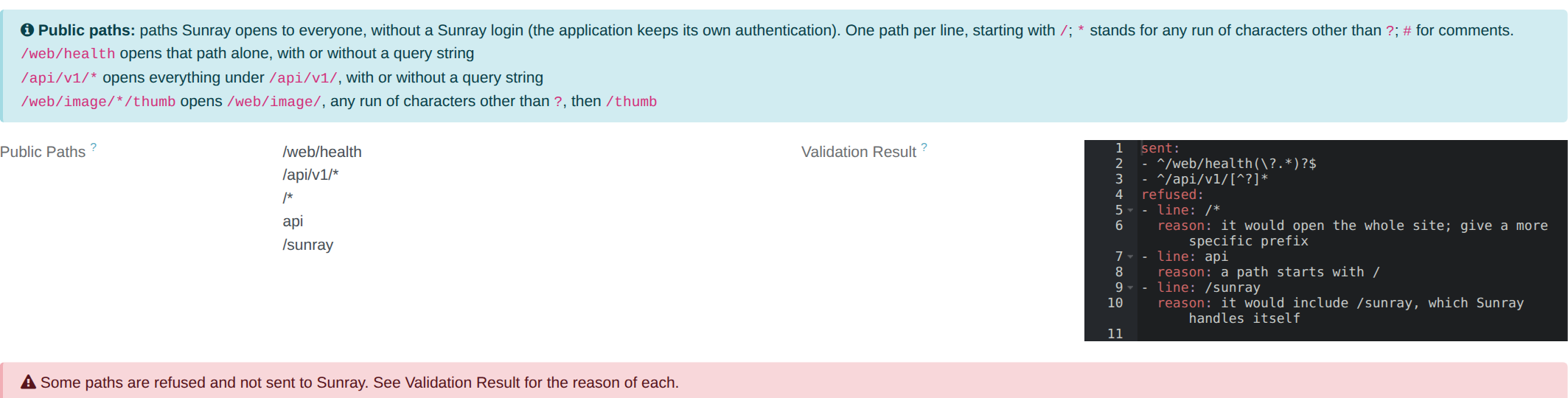 The Public Paths of an App Server: five lines typed; its Validation Result sends two regexes and refuses three lines with their reason; the red box
