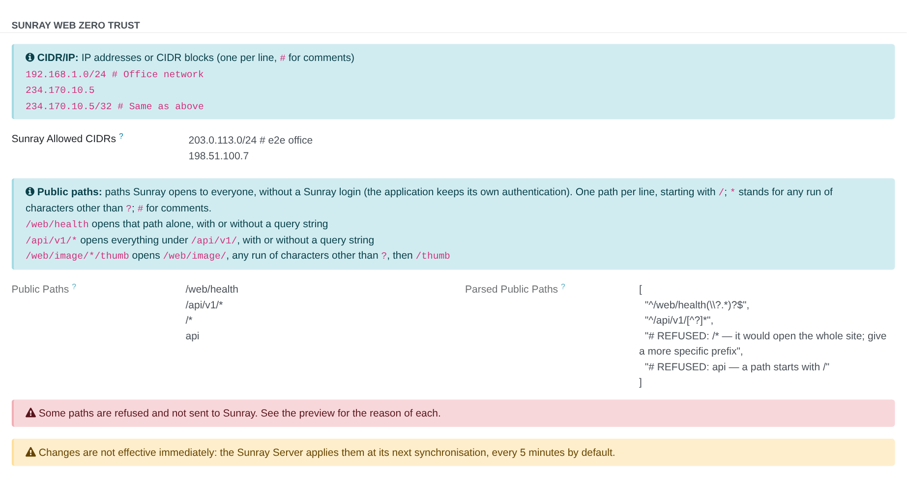 The Public Paths list shown read-only to a user without the Sunray Advanced User right