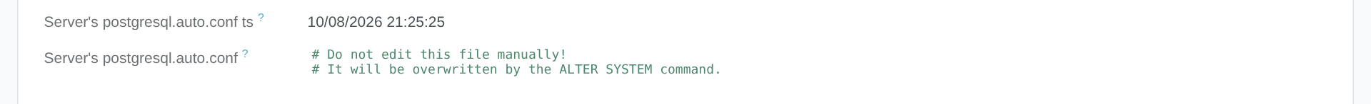 The Server's postgresql.auto.conf of a promoted primary: no RECOVERY block, no primary_conninfo